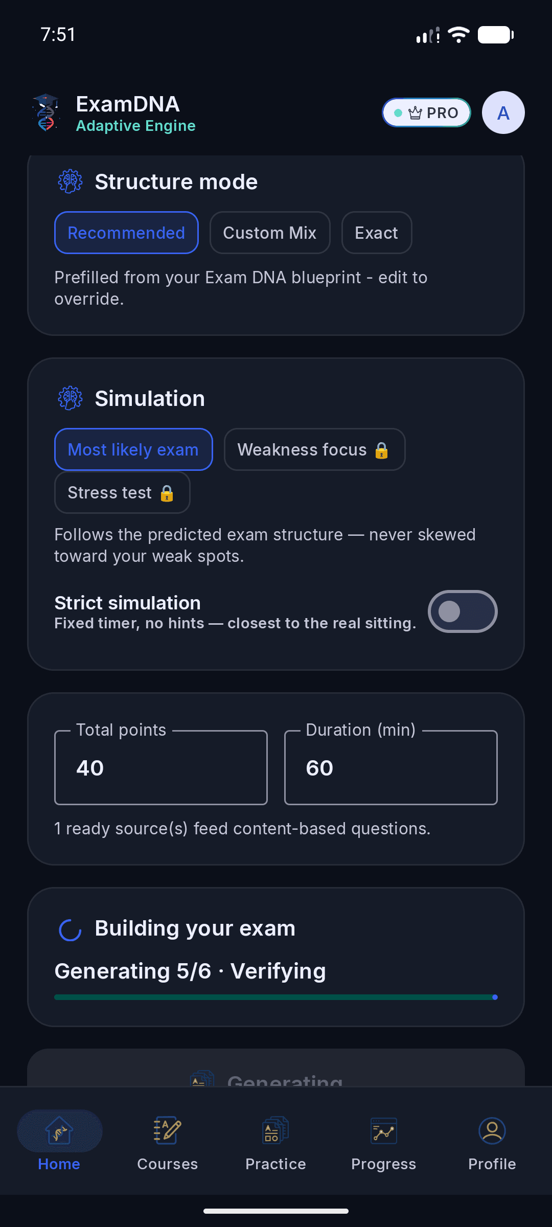 ExamDNA Exam Builder on Android: Recommended structure, generating 5 of 6 questions while verifying